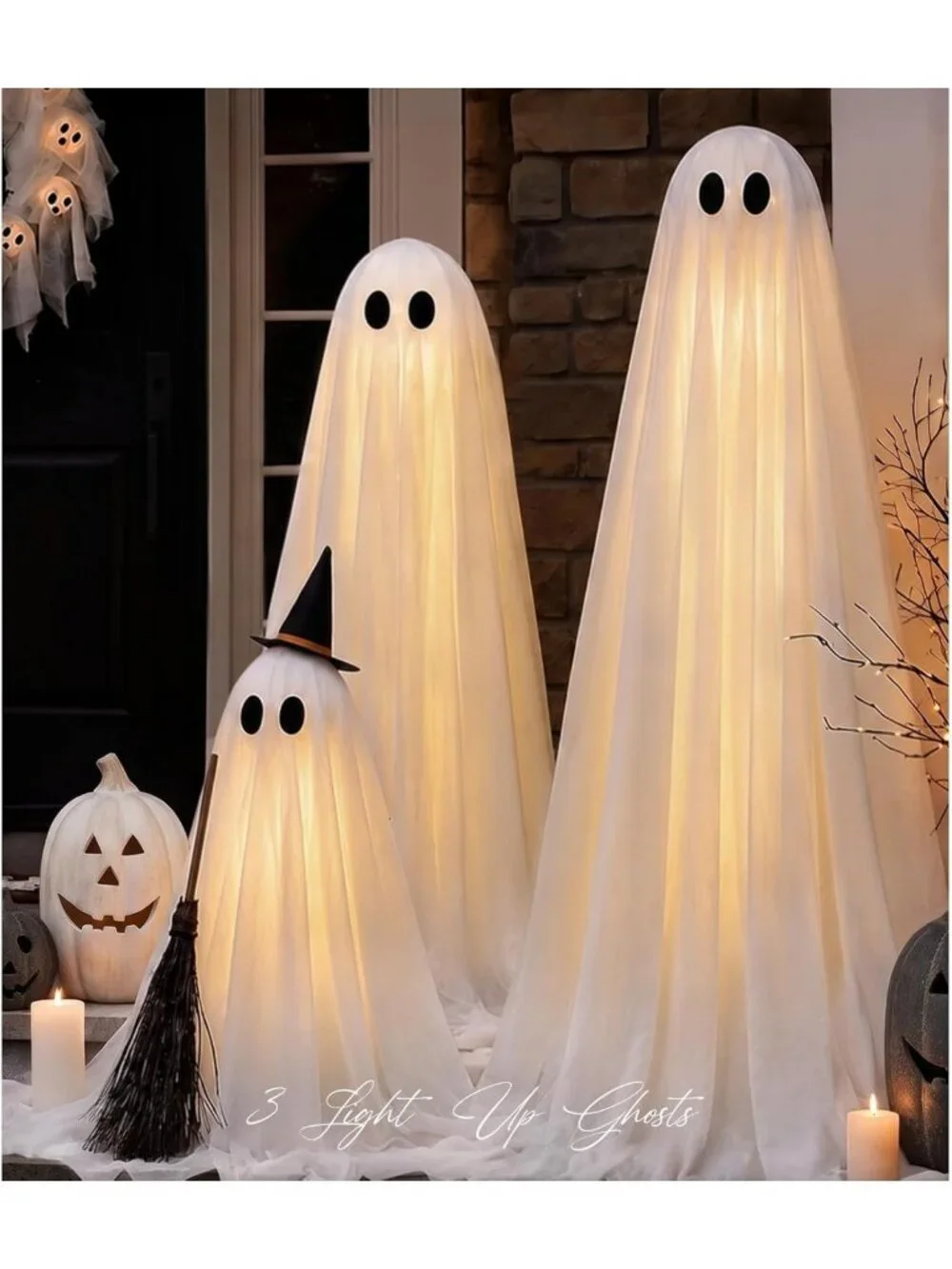 Light Up Ghosts Halloween Decorations - Set of 3 Outdoor Spooky Decor with Timer